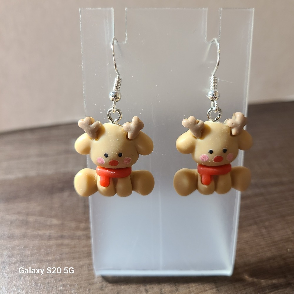 Handmade Cute Reindeer Earrings Christmas Holiday Themed Red Scarf Women NEW